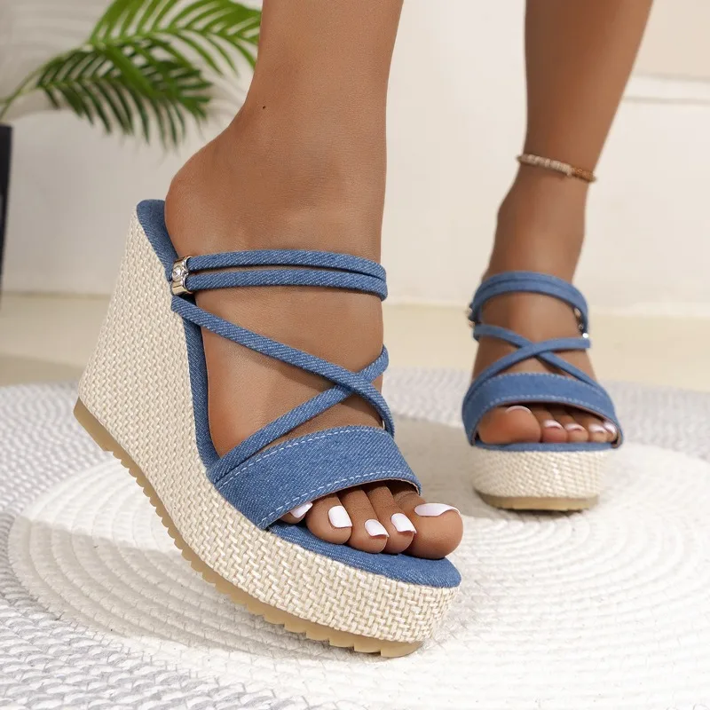 2024 Summer New Style Women's Sandals Indoor Open Toe Thick-sole Wedge Sandals Simple Blue Denim Casual Slippers Zapatos Mujer