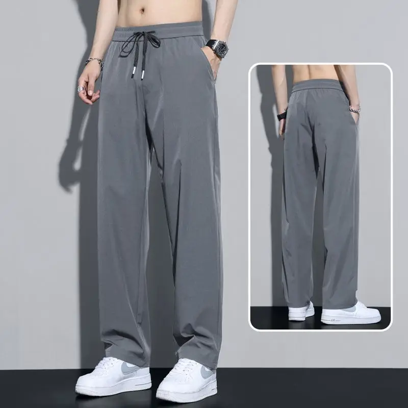 

Koreon Men Solid Casual Full Pants Streetwear Fashion Summer Thin Elastic Waist Big Size Joggers Sports Wide Leg Loose Trousers