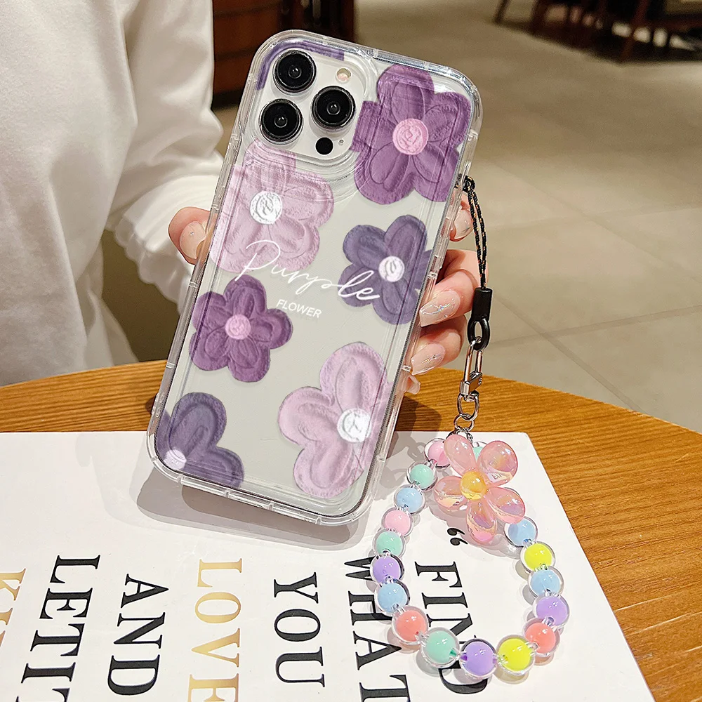Lila Blume mit Telefon-Armband-Kettenhülle für iPhone 11, Hüllen für iPhone 15 12 13 14 Pro Max X XR XS Max 7 8 6S 14 Plus Funda