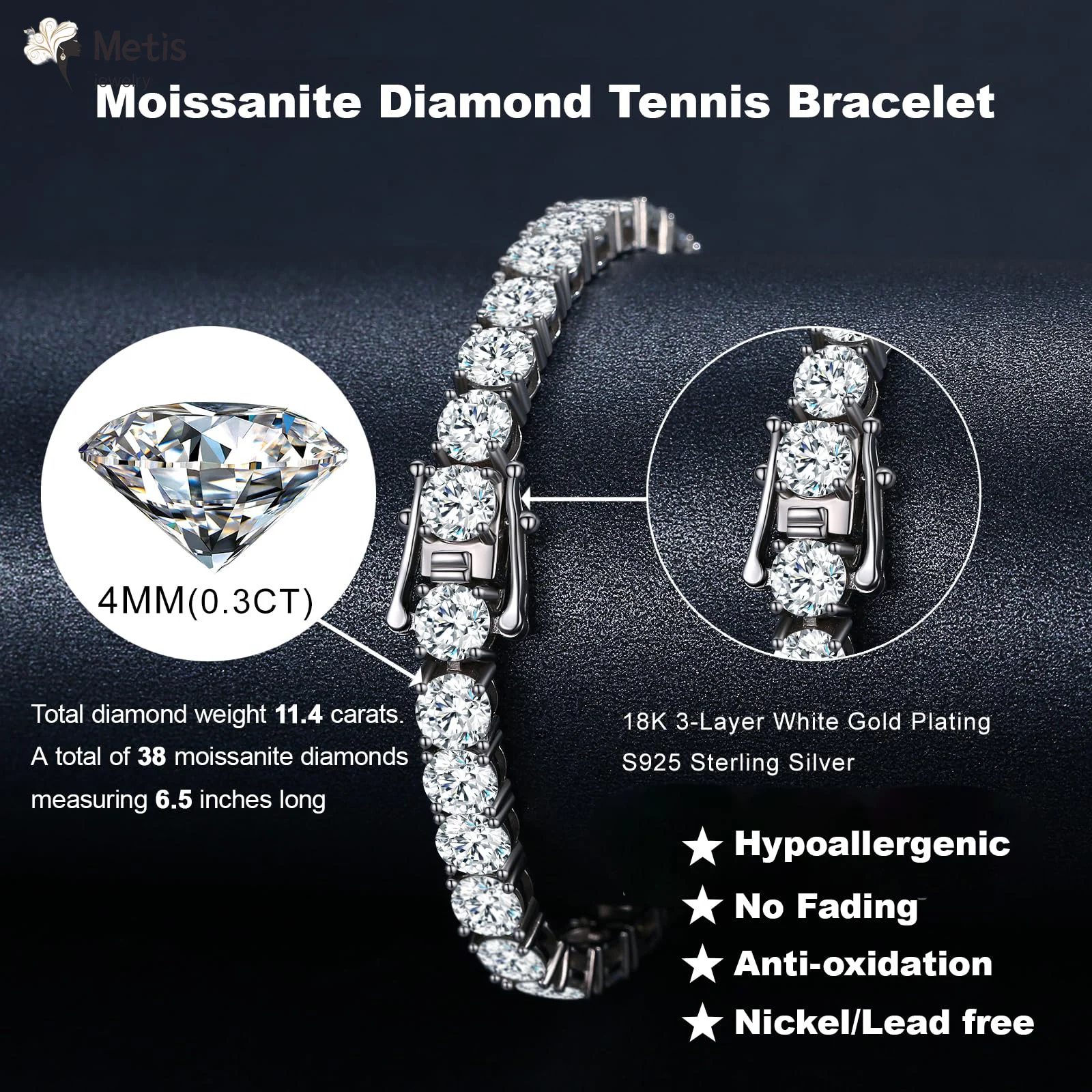 Metis 2mm Real Moissanite Tennis Bracelet for Women Christmas Gift Platinum Plated 100% 925 Sterling Silver Wedding Jewelry