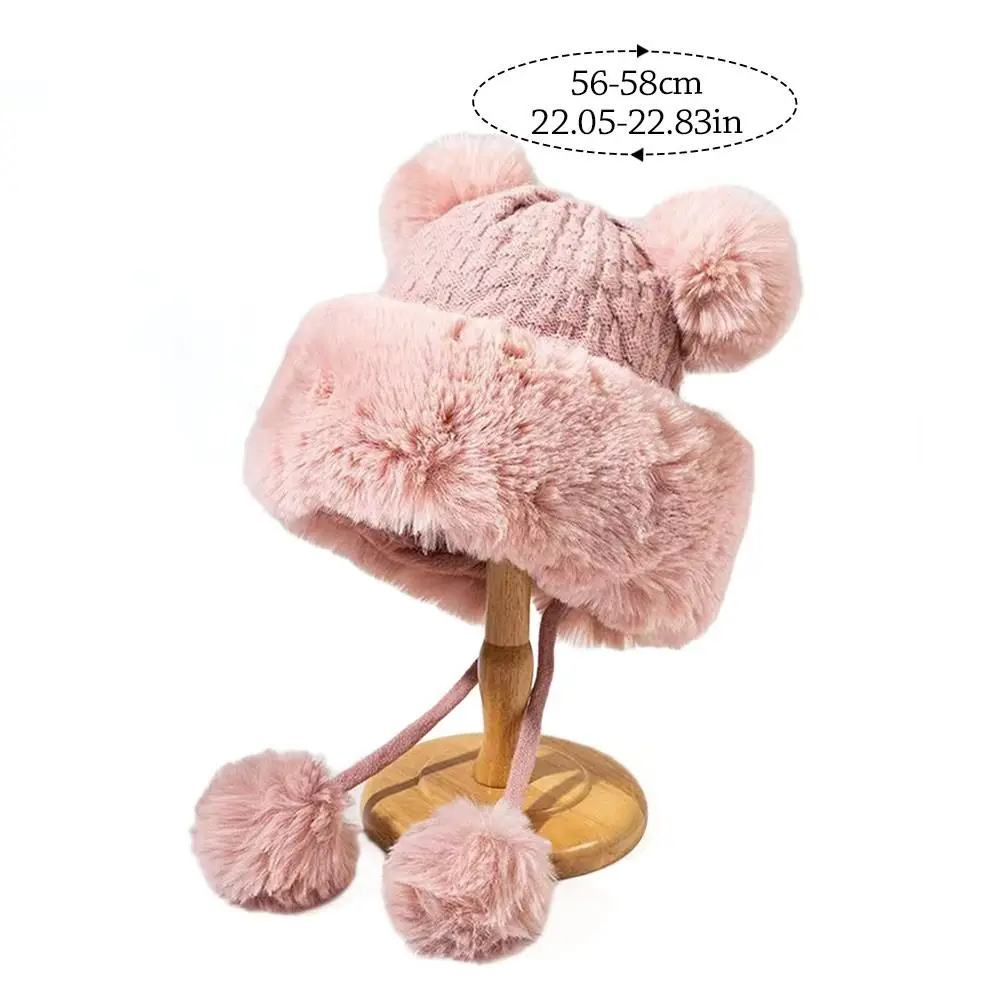 Women Winter Warm Kawaii Plush Hat Thickened Cute Bear Ear Bomber Hat Ear Protection Woolen Cap