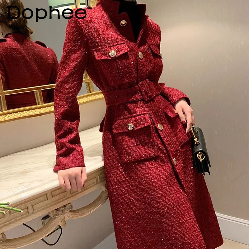 Gabardina larga de lana a cuadros para mujer, abrigo de Tweed rojo con cuello de traje, bolsillos, cinturón de cintura, para oficina, otoño e