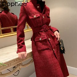 Temperament Rot Tweed Mantel Frauen Anzug Kragen Taschen Gürtel Taille Lange Plaid Woolen Mantel Büro Dame 2022 Herbst Winter Graben mantel