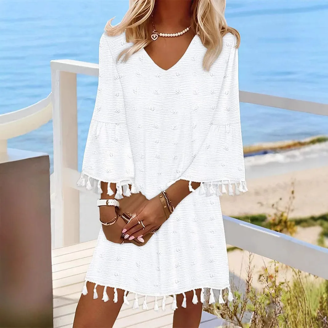 

Seaside beach blouse summer V-neck loose top fashion casual printed t-shirt simple luxury temperament elegant high-end vacation