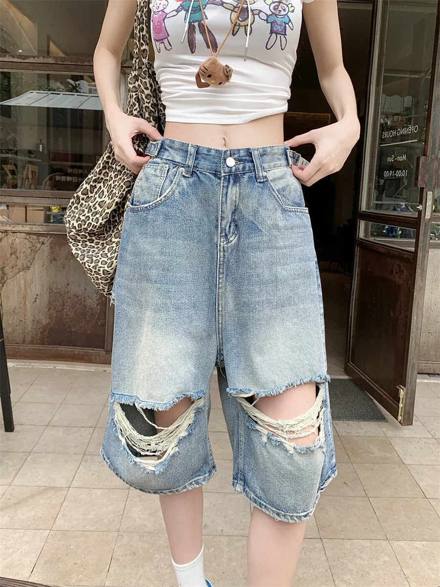 

Slergiri American retro washed ripped denim shorts women's y2k street bf style high waist straight wide-leg cropped pants