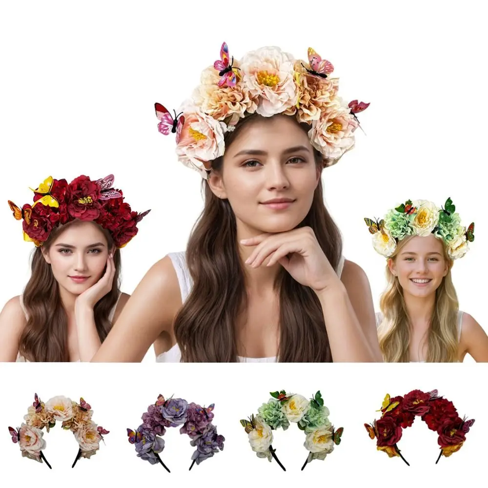 

Trendy Bohemian Flower Hairband Faux Floral Ethnic Style Floral Crown Hair Hoop Headpiece Butterfly Headdress