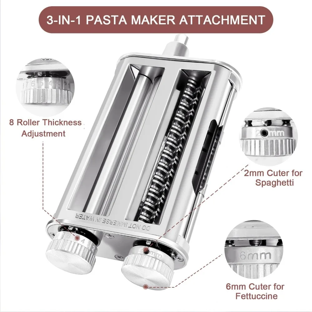 Pasta Maker for Kitchenaid Attachments，3 in 1 Stainless Steel Pasta Attachment for Kitchenaid Stand Mixer, Included Pasta Roller