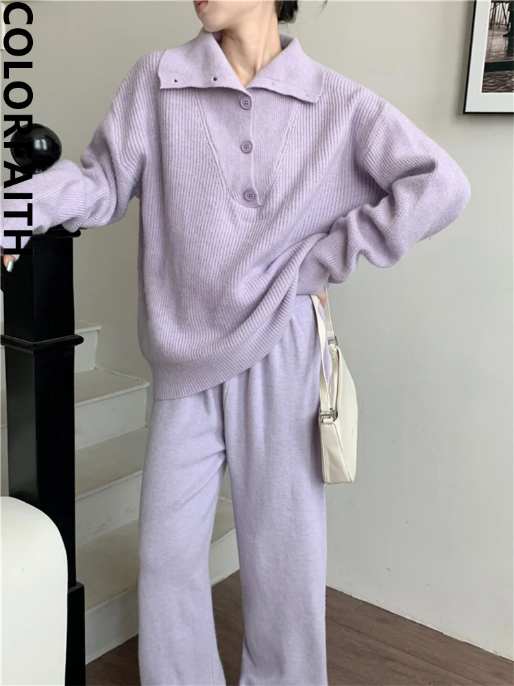 Colorfaith WS6783JX 2024 New Vintage 2 Pieces Sets Pullover With Pants Knitted Women Autumn Winter Korean Fashion Elegant Suits