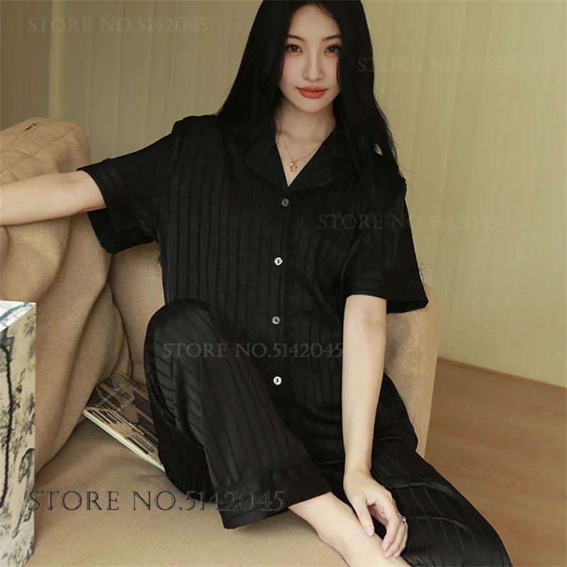 

Black Stripe Pajamas Set Spring Summer Female Sleepwear Home Clothes Loose Casual Short Sleeve Trouser Pijamas Suit Silky Pyjama