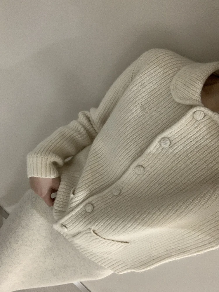 

Мягкий шерстяной вязаный кардиган женский винтажный однотонный с длинными рукавами и воротником-стойкой, зимний топ, 100% чистая шерсть