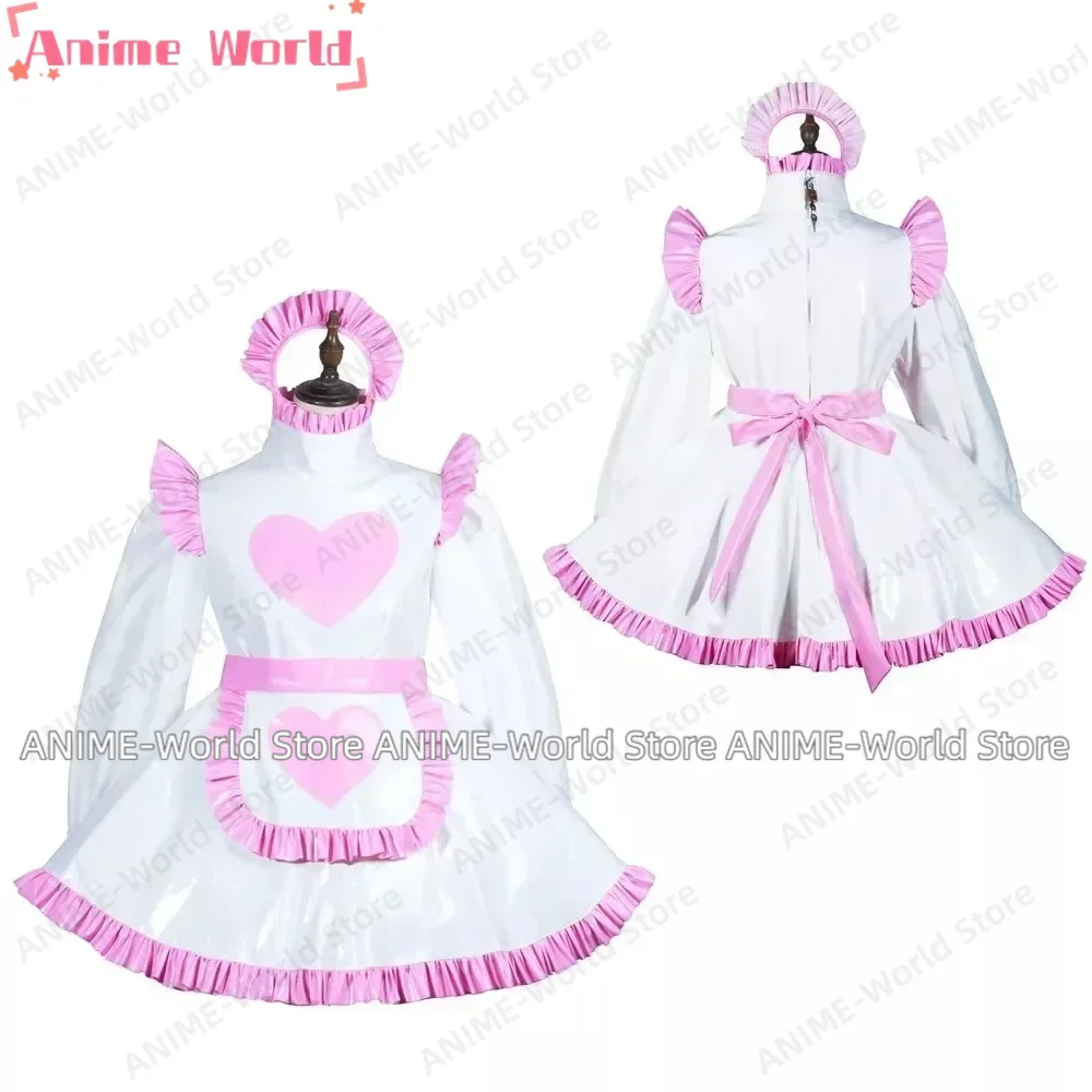 

《Custom Size》Sexy Sissy White PVC Lockable Dress Cute Maid Cosplay Christmas Costume Halloween