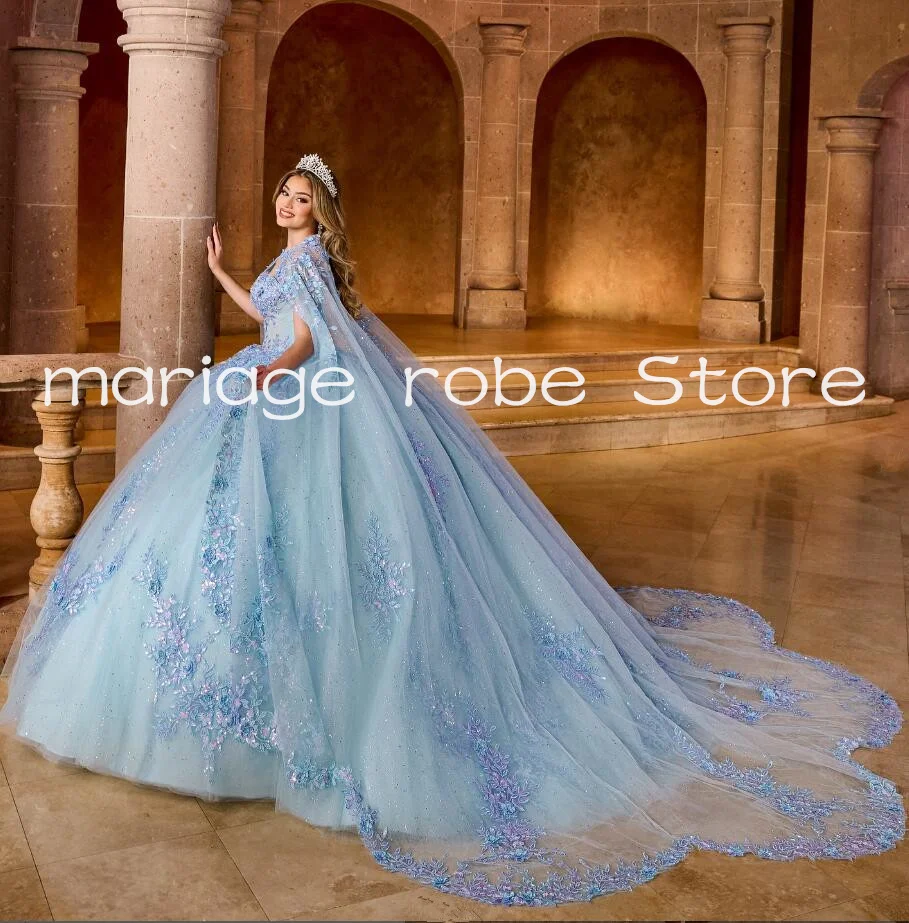 Sky Blue Sparkly Princess Quinceanera Dresses With Cape Luxury Gillter Applique Lace-up Corset  vestido de 15 años quinceañera