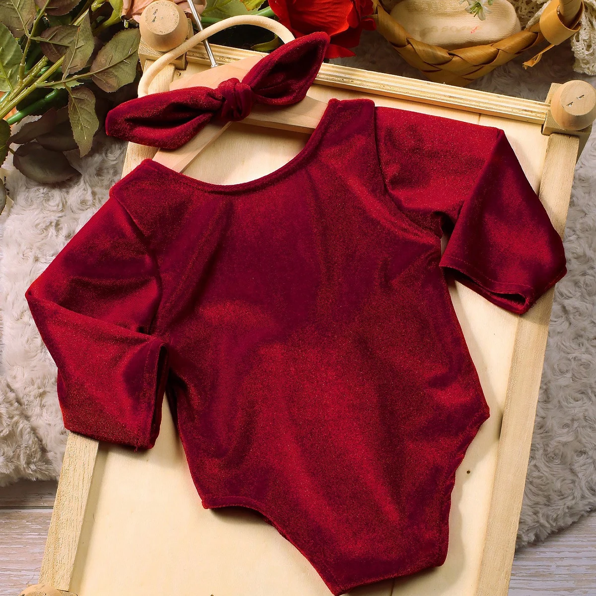 Ylsteed Newborn Christmas Outfit for Photo Shooting Baby Girl Back Bow Burgundy Velvet Romper With Rabbit Ear Headband