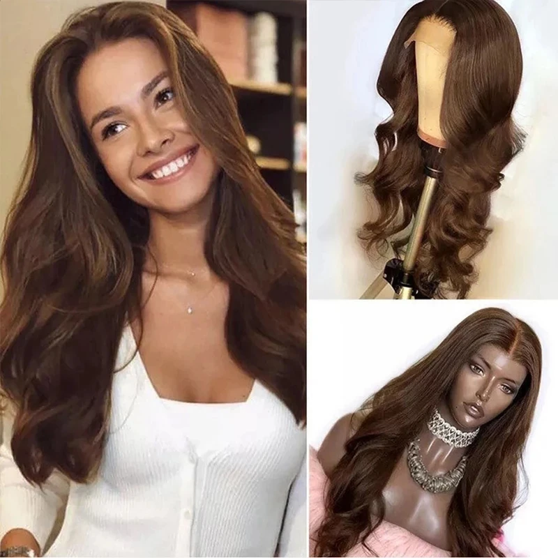 Suave 180Densidad 26 pulgadas marrón onda del cuerpo peluca con malla frontal larga y profunda para mujeres negras con pelo de bebé prearrancado línea de cabello Natural diario