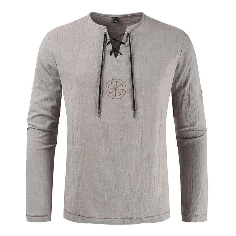 Men's Medieval Shirts Retro Lace-Up Tops Long Sleeves Renaissance Gothic V-Neck Solid Color Medieval Gothic Men FS99