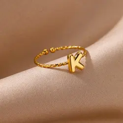 Cute Chunky Stainless Steel Intial Rings For Women Girls Open Adjustable Gold Color Letter Ring Female Alphabet Jewelry Gift