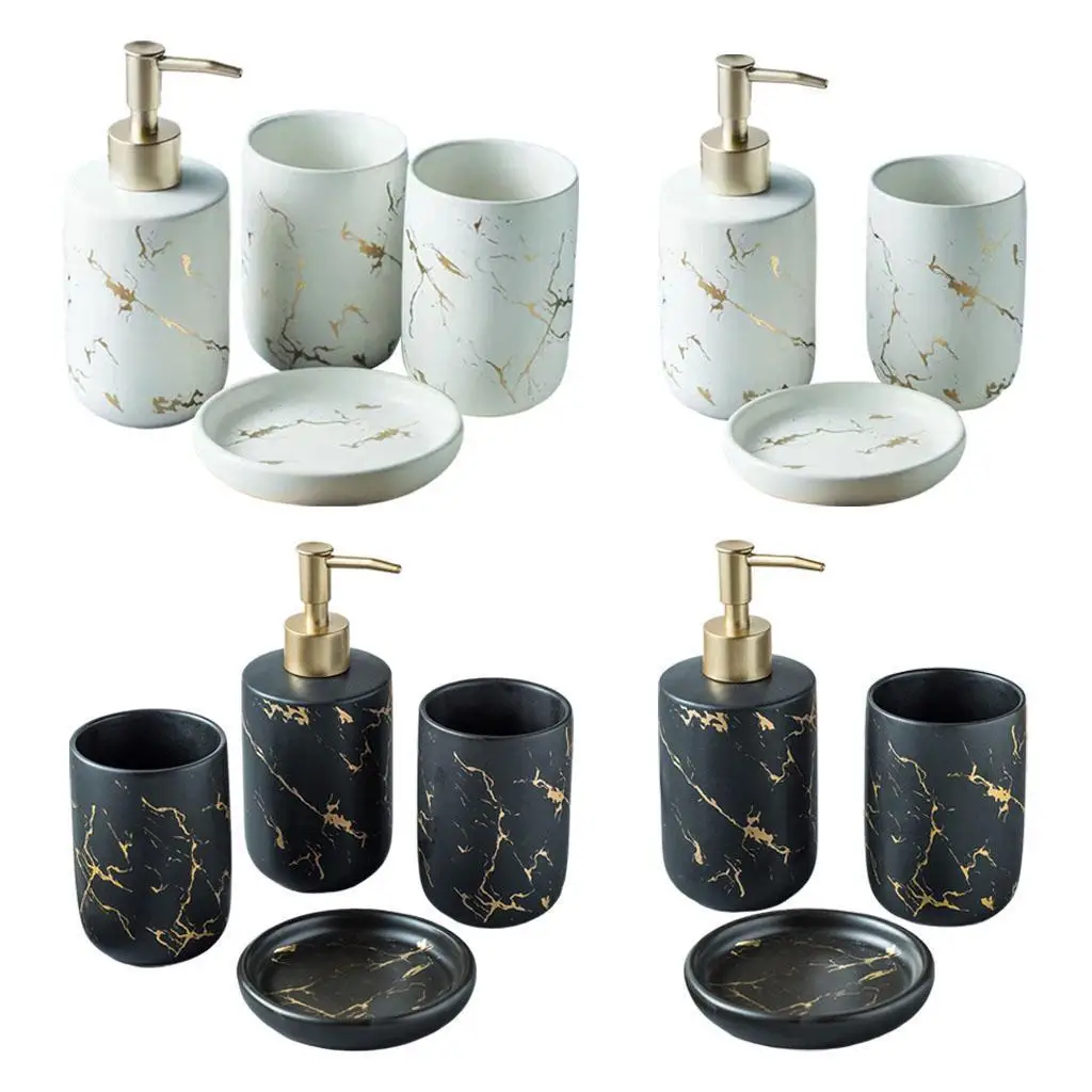 Bathroom Counter Accessories Set CERAMIC Marble Pattern Lotion Dispenser Soap Dish, Durable Construction