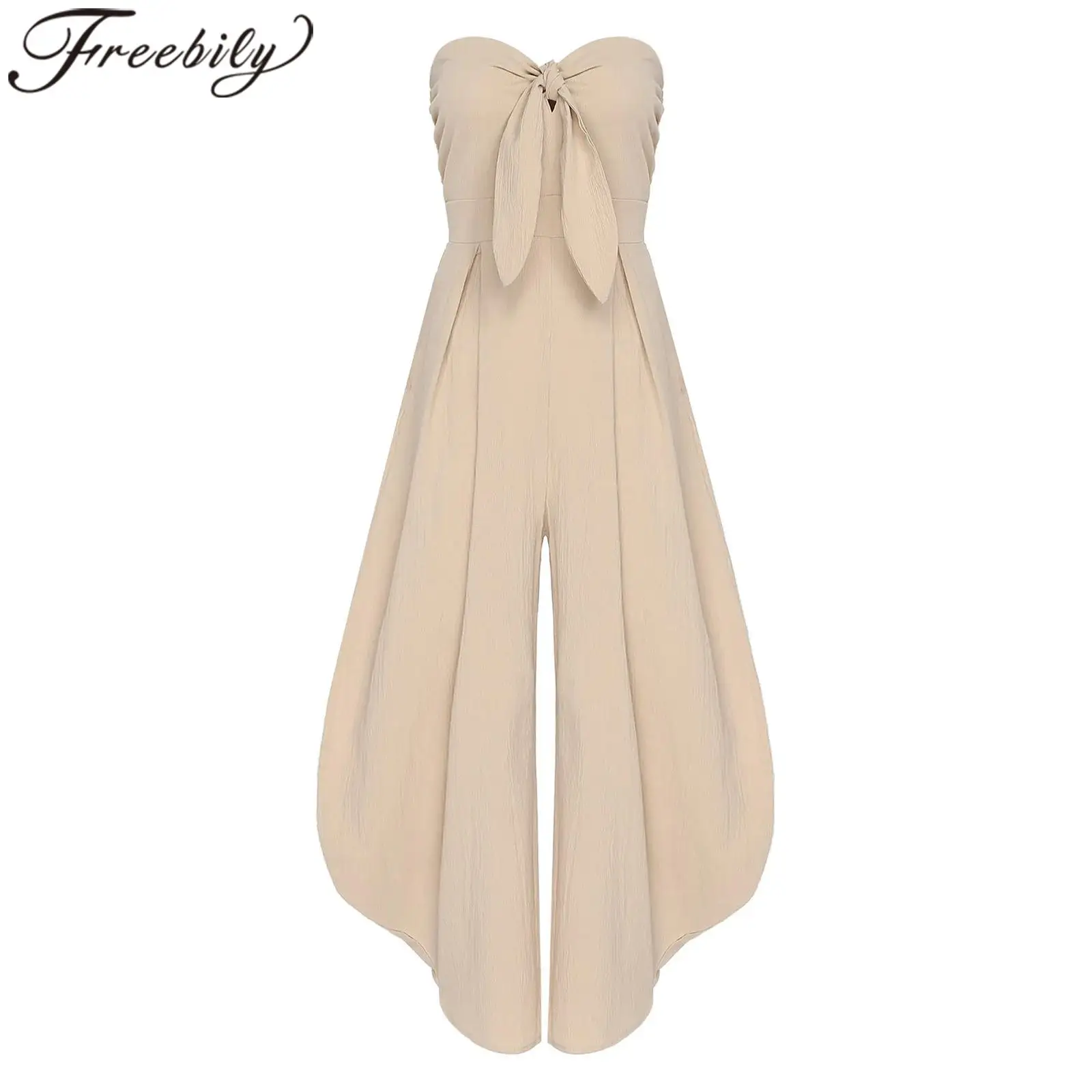 

Женский цельный комбинезон без бретелек с открытыми плечами, уличная одежда, нарядный комбинезон с узлом, широкие брюки с высокой талией, модные женские комбинезоны