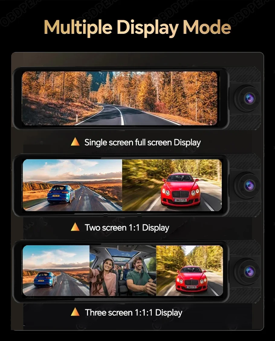 كاميرا مرآة ذات 3 قنوات مقاس 11 بوصة مع كاميرات أمامية 4K وخلفية 1080 بكسل داخل المقصورة ورؤية ليلية محسنة ومستشعر G وشاشة ركن السيارة، Tr