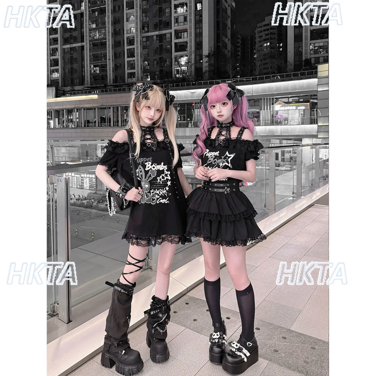 Dark Subculture Y2k Goth Sweet Cool Hot Girl Alphabet Print Lace Bow Collar Short Sleeve T shirt top Cake Skirt Black Sets Women view 4