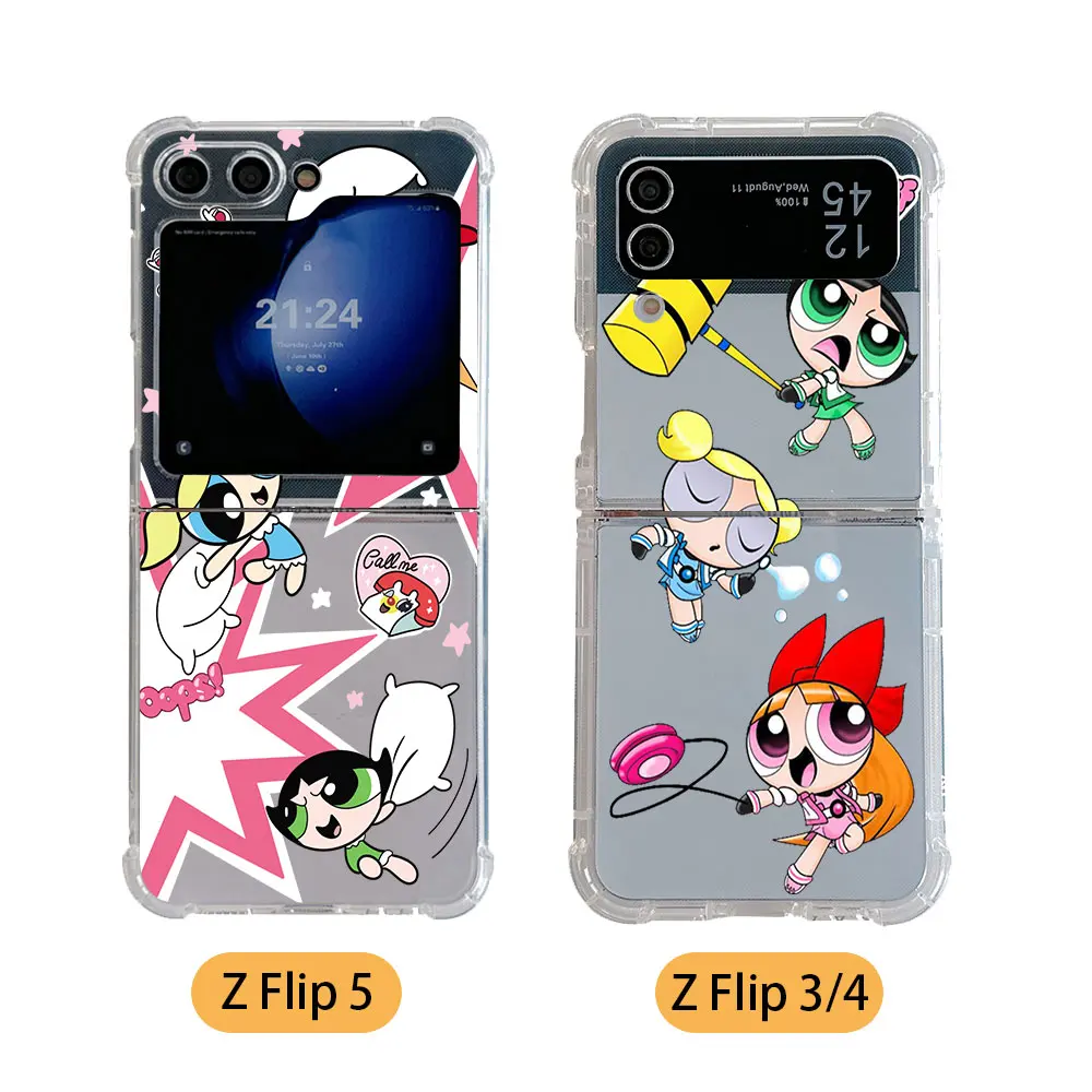 Cartoon The P-Powerpuffs Girls Phone Case for Samsung Galaxy Z Flip 3 4 Z Flip 5 6 Z Fold 4 5G PC Soft Anti-fall Back Cover