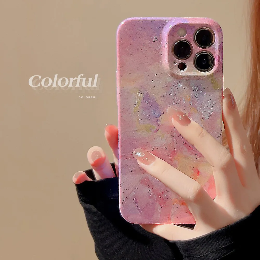 Asthetic Hard Phone Cases for iPhone 14 Pro Max 13 12 11 X XS XR 7 8 Plus SE Pink Flowers Oil Painting Art Cover Coque Funda