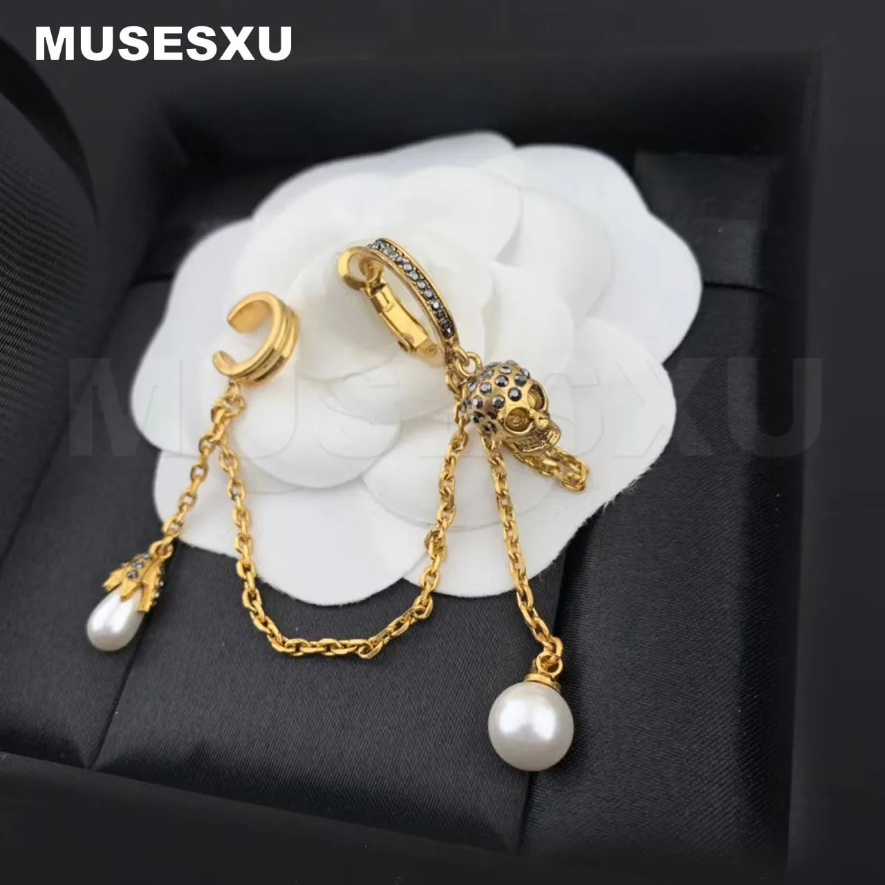 

2022 Роскошные модные брендовые золотые серьги-подвески с черепом и жемчугом, односторонние серьги-цепочки для женщин и мужчин, подарки Вечерние