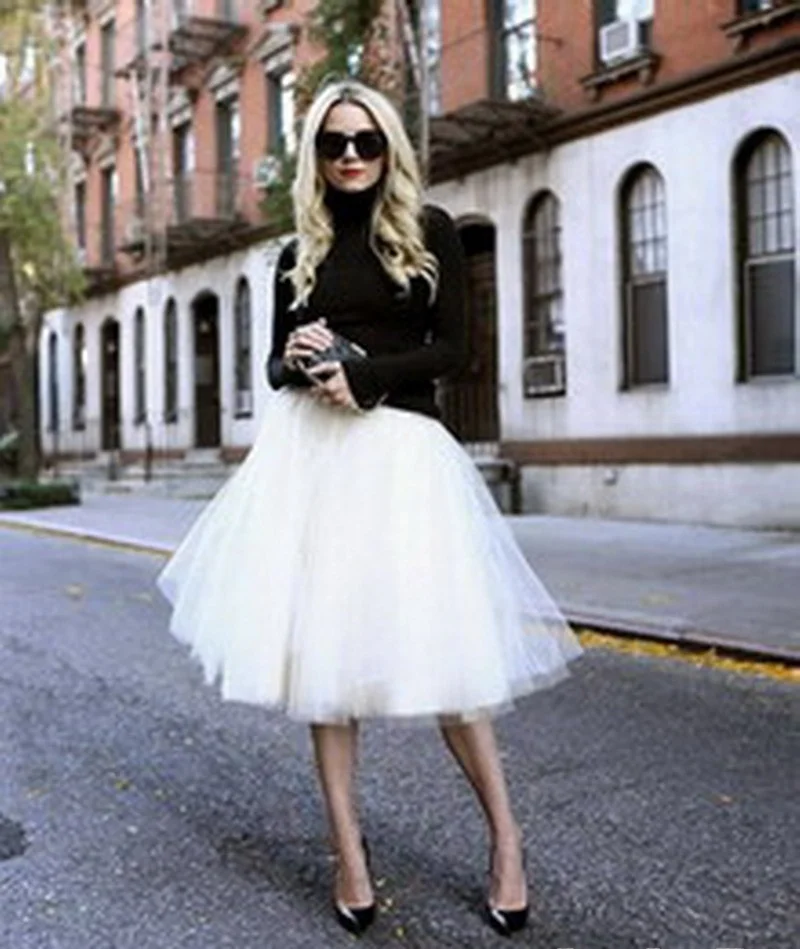 Gonna in tulle a pieghe al ginocchio per adulti 65 cm Puffy f-lunghezza Primavera Estate A-Line Tutu Gonne Street Sle Colore puro