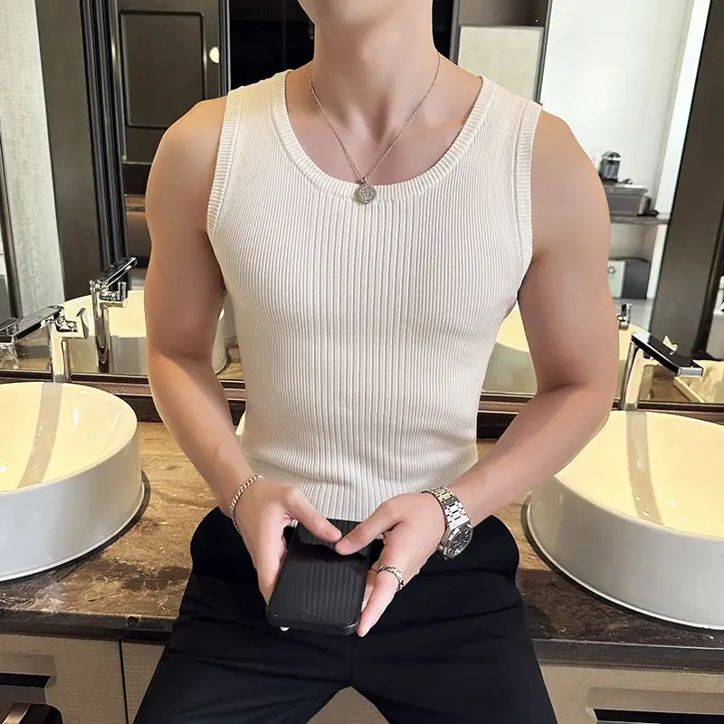 

Luxury High Quality Gym Clothing Men Ribbed Knitted Tank Tops Vests Elastic Sleeveless Striped T-shirt O-neck Slim Sexy Tops New