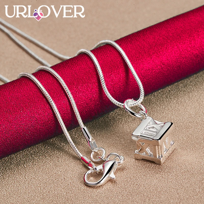 URLOVER 925 Sterling Silver Square Box Roman Numerals Pendant Necklace For Women Birthday Party Fashion Jewelry 40-75cm Chain