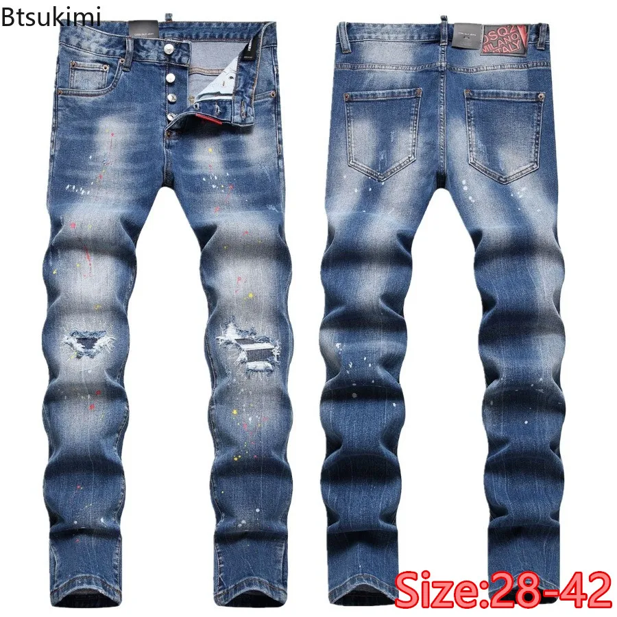 Celana Jeans pria, celana Denim kaki lurus bersaku ramping, celana Jeans kasual serbaguna 2024