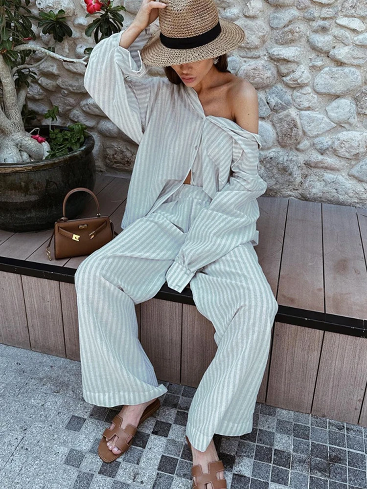 Women's Pajamas 2 Piece Set Stripe Long Sleeve Shirt Tops and Loose High Waisted Long Pants Home Clothes for Women Loung Wear