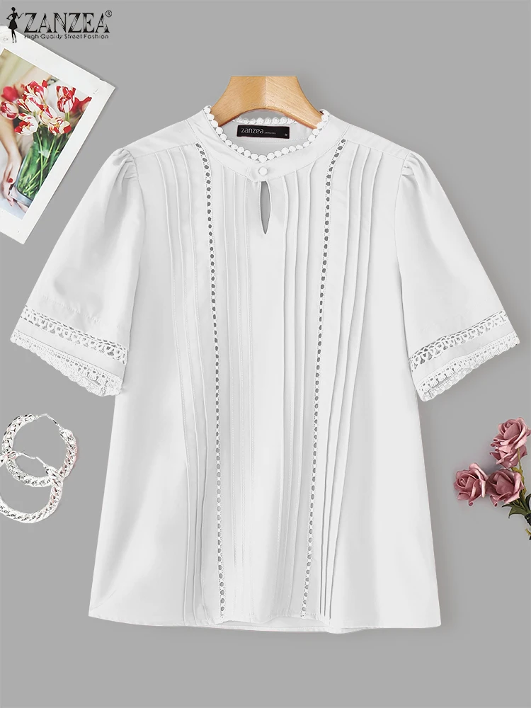 ZANZEA Casual Loose Blouse Women Pleated Tops 2025 Solid Blusas Fashion Short Sleeve Tunic Elegant Office Work Pullovers S-3XL