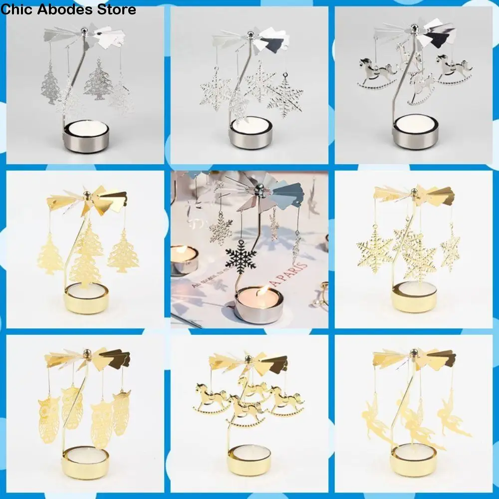 Metal Metal Rotating Tea Light Holder Hollow Angel Carousel Pattern Christmas Rotating Candle Holder Gold Silver