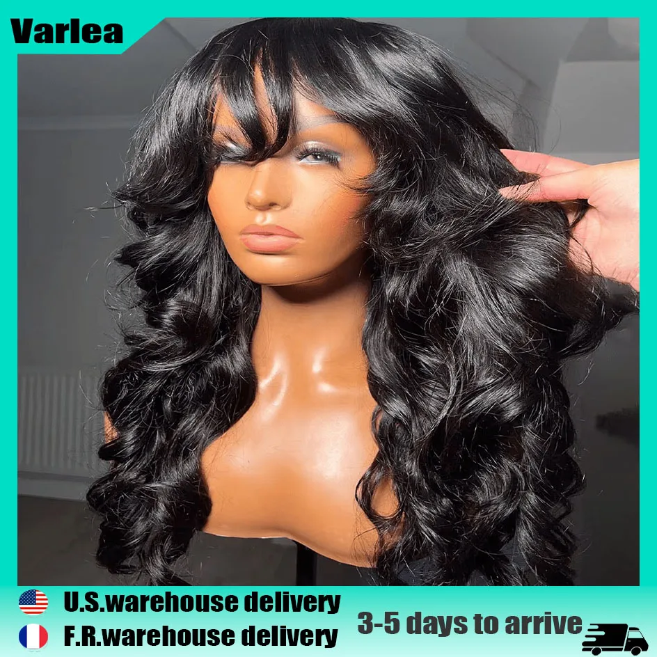 

Парик Varlea Full Woven с челкой, волнистый, из натуральных человеческих волос, натуральный черный цвет, мягкий, шелковистый, волнистый парик из настоящих человеческих волос для женщин.