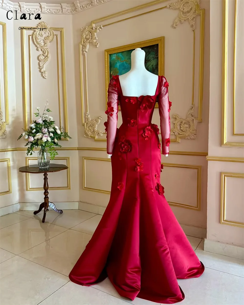 Clara personalizado mangas de flores A-line vestidos de noche rojos 2025 vestido de noche elegante de lujo para mujer vestido de fiesta elegante para mujer