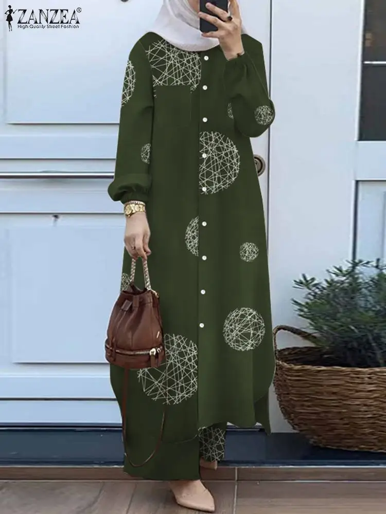 ZANZEA 2 sztuk kobiety z długim rękawem koszula spodnie zestawy Vintage Casual luźne dubaj turcja Abaya spodnie garnitury kwiatowe drukowane zestawy