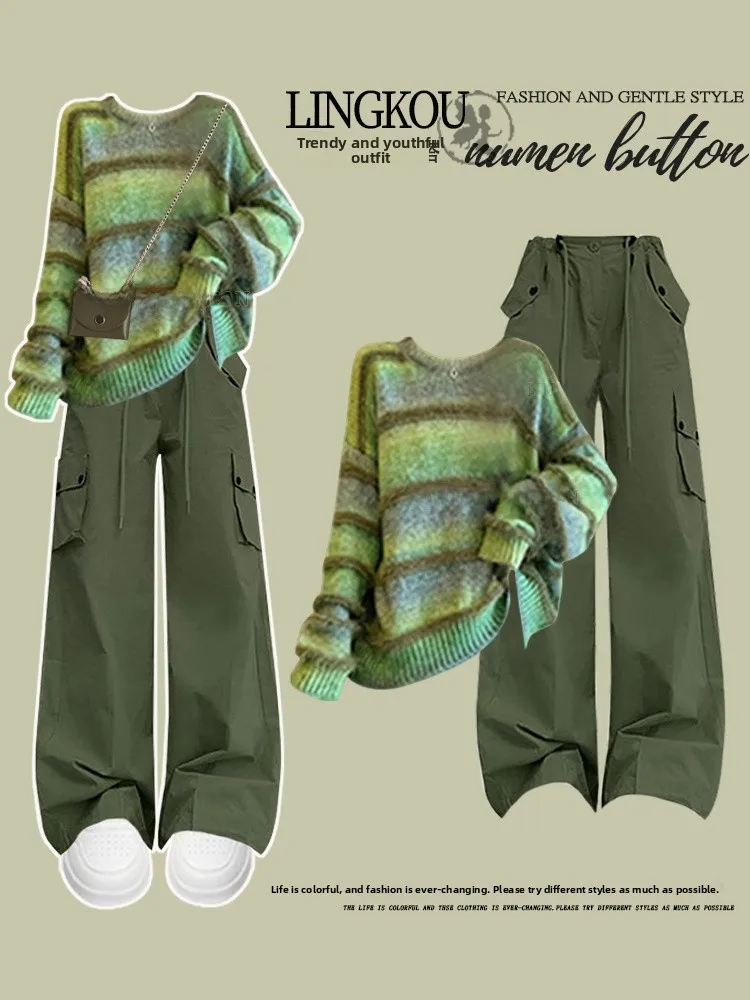 

Женский комплект из двух предметов: мягкий и плюшевый полосатый вязаный свитер и брюки с высокой талией для повседневной носки и работы, осенний комплект.