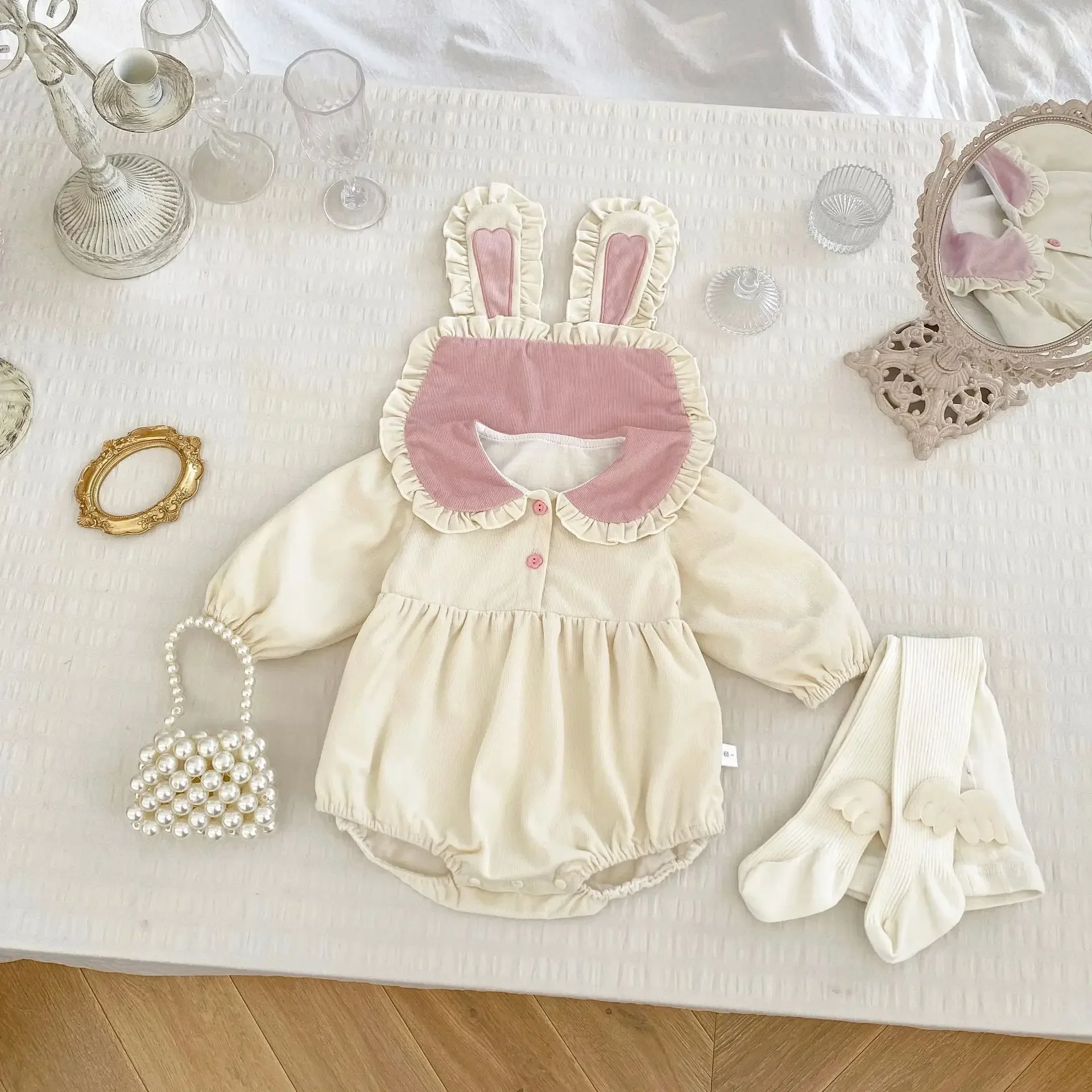 2024 Autumn Baby Girls Bodysuit 0-2 Y Cute Bunny Ear Turn Down Collar Toddler Jumpsuit Infant Long Sleeve One Piece Clothes