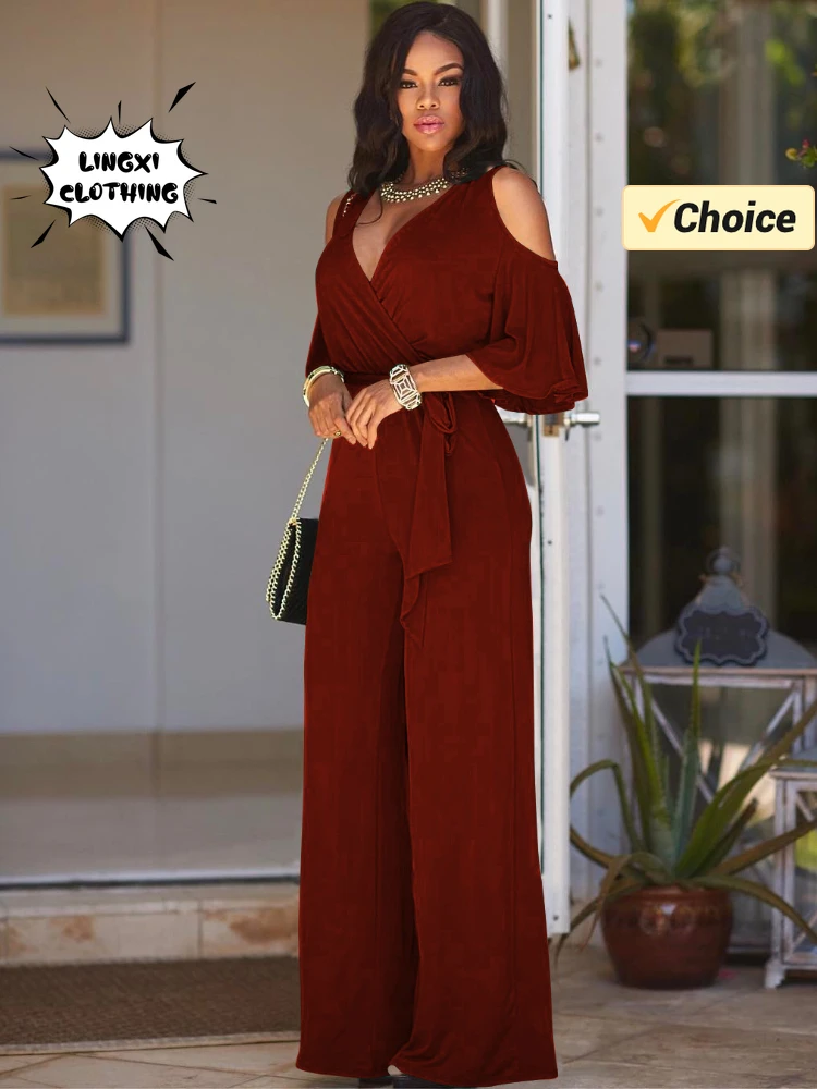 2024 Spring/Summer New Women's Plus Size Jumpsuit Loose Elastic V-neck Off Shoulder Waist Loose Wide Leg Pants Women's Wear