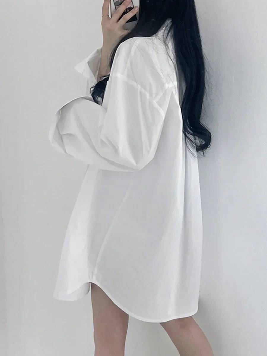 Koreański Sle Chic Polo Neck otwarty kardigan Top luźna, długa rękaw ochrona przed słońcem biała koszula moda damska dojazdy XT652