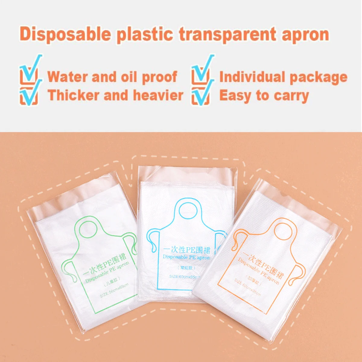 50/100Count Disposable Aprons Plastic apron for Painting Party, Cooking, Housework, Picnic etc.