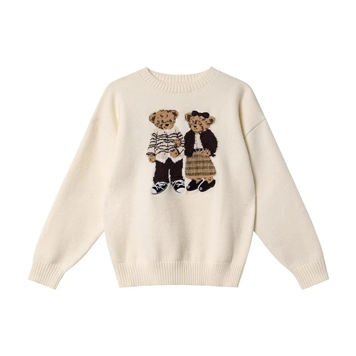 

Retro Cartoon Bear Jacquard Crewneck Pullover Inner Layer Knit Top for Women Fall/Winter Youthful Loose-Fit Long-Sleeve Sweater