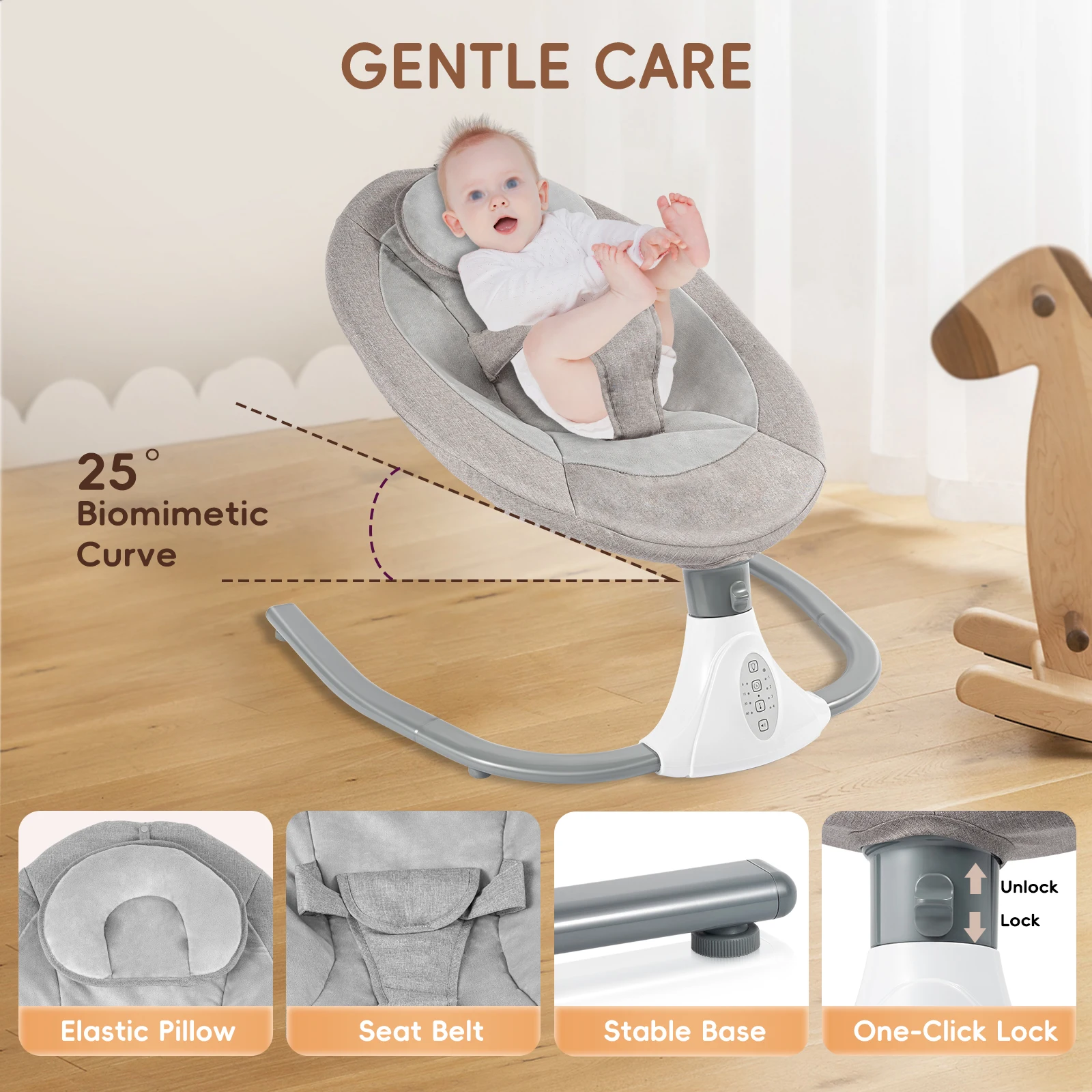 Balançoire électrique pour bébé, transat à 4 vitesses, berceuses intégrées, fonction Bluetooth, pare-soleil, moustiquaire, télécommande