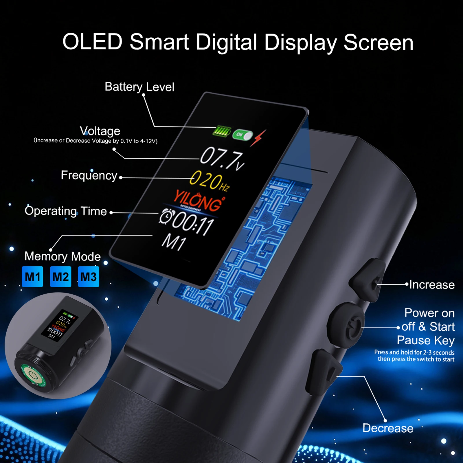YILONG 53PCS Aluminum Alloy Wireless Color Screen Tattoo Machine Kit Complete, Rotary Tattoo Gun, 7 Hour Battery Life, Cordless Tattoo Pen, 10 Cartridge Needles-3RL 9RM,10 Ink,Extra 30ML Black Ink 30ML Tattoo Soap 15ML Transfer Gel Full Tattoo Kit