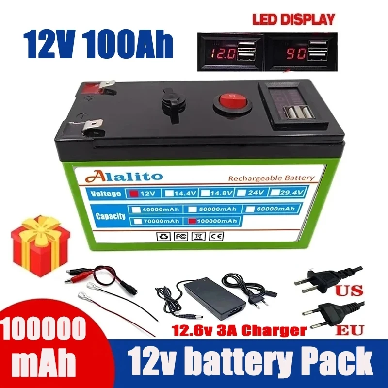 

12V Battery 100Ah 18650 lithium battery pack Rechargeable battery for solar energy electric vehicle battery+12.6v3A charger