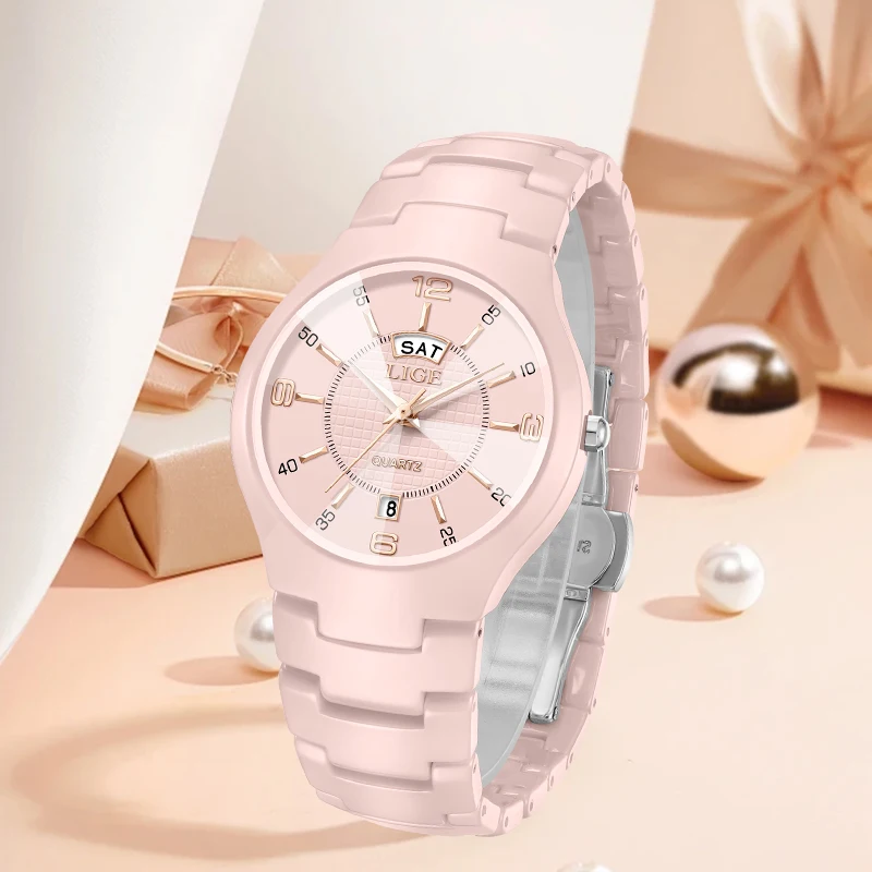 

LIGE Elegant Luxury Woman Watch Fashion Classic Ceramic Strap Simple Waterproof Ladies Quartz Watches for Women Reloj Mujer+Box