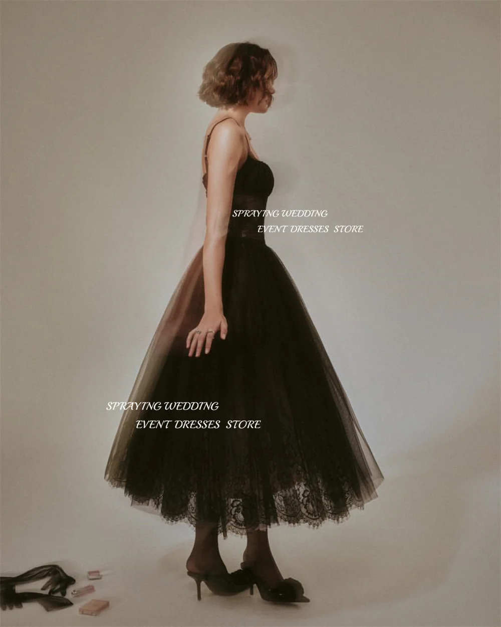 SPRAYING – robe de soirée Sexy en dentelle noire, bretelles Spaghetti, longueur thé, col rond, ligne A, en Tulle, robes de soirée formelles, robe de bal personnalisée