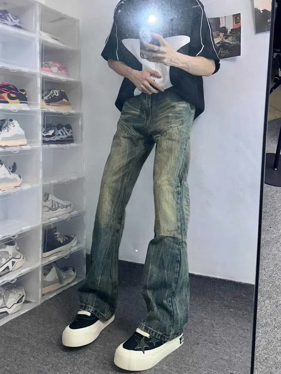 

American Style Washed Retro Straight Leg Jeans Loose Casual Trousers Trendy Brand Splicing Design Micro Flared Jeans for Teens