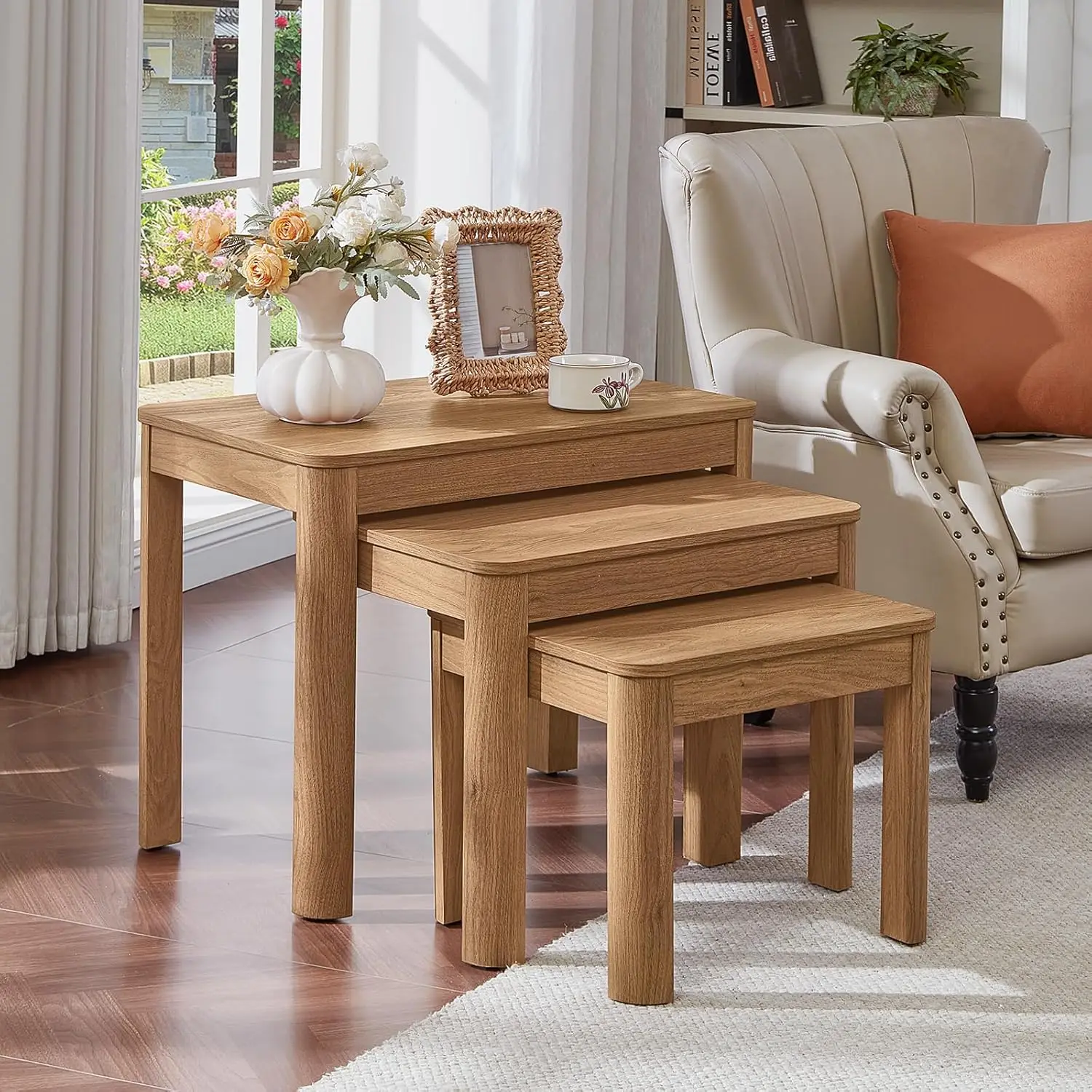 Farmhouse Nesting Tables Set of 3 Brown Rounded Corners 4 Thickened Legs Foldable Side Tables, Customized